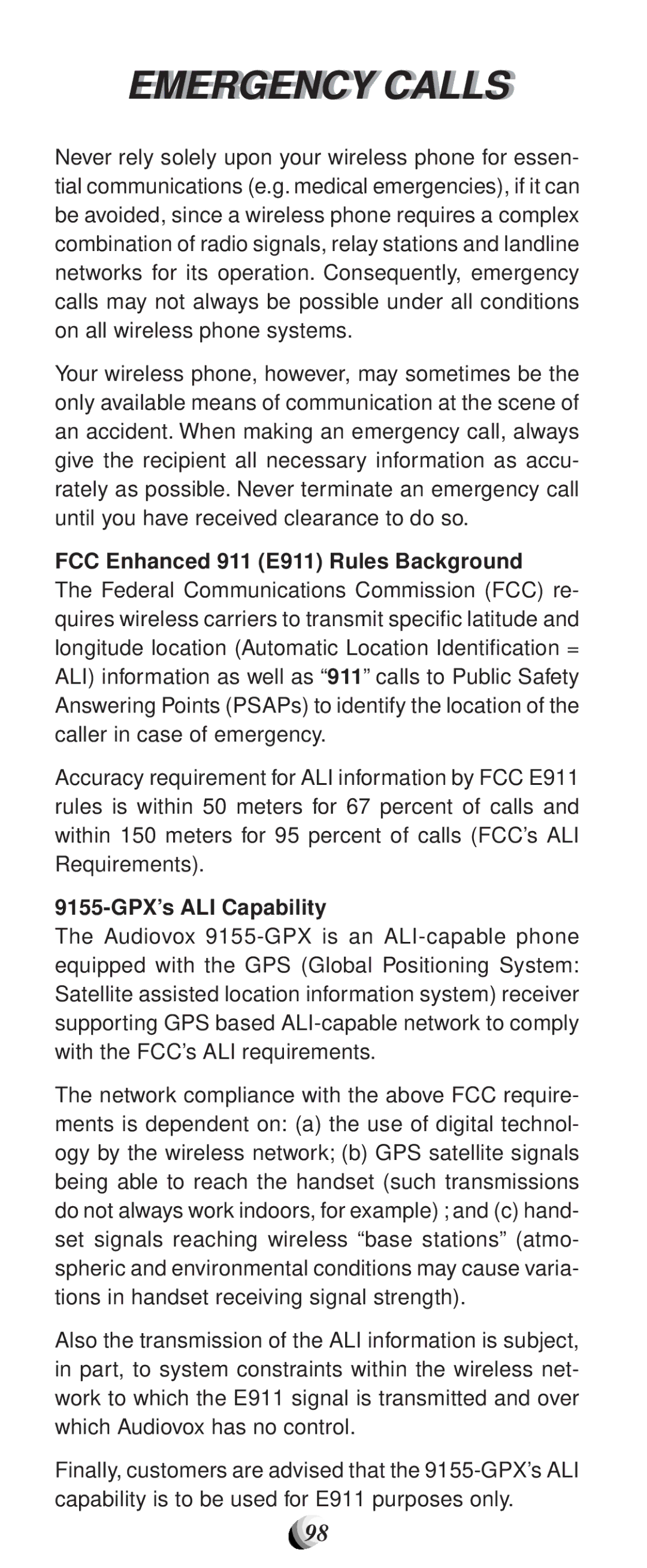 Audiovox manual Emergency Calls, FCC Enhanced 911 E911 Rules Background, 9155-GPX’s ALI Capability 