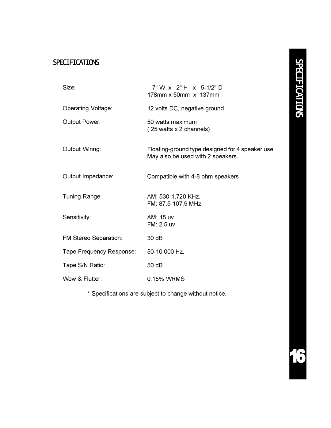 Audiovox 990 manual Specifications 