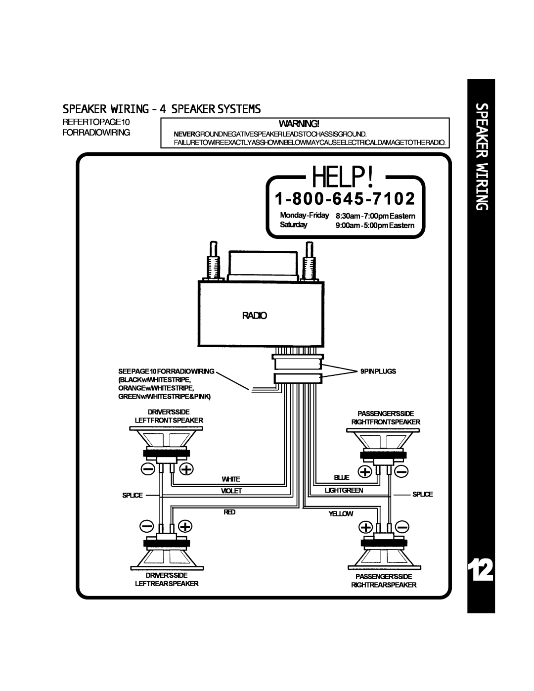 Audiovox 990 manual Speaker Wiring, SPEAKER WIRING-4SPEAKERSYSTEMS, Help, REFERTOPAGE10, Forradiowiring 