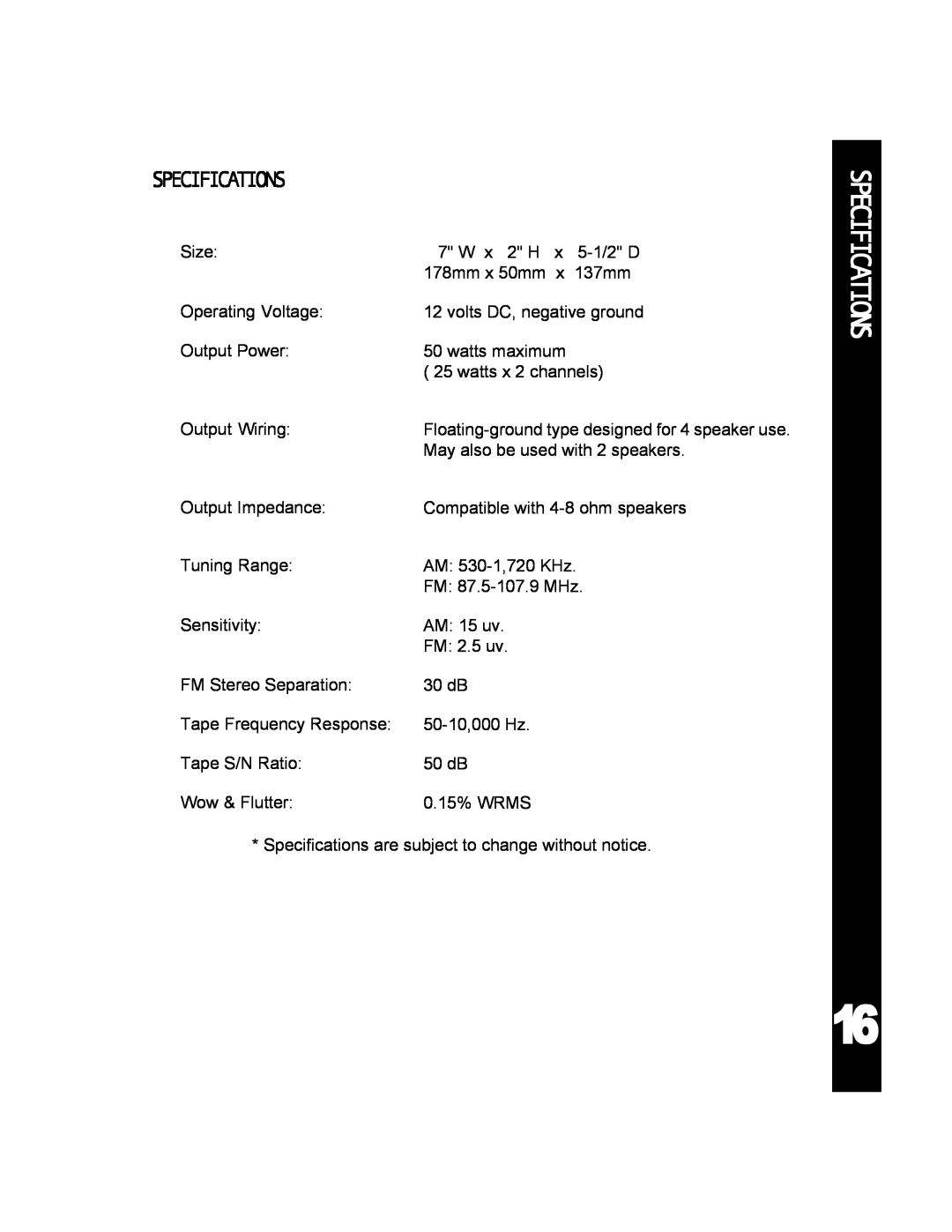 Audiovox 990 manual Specifications 