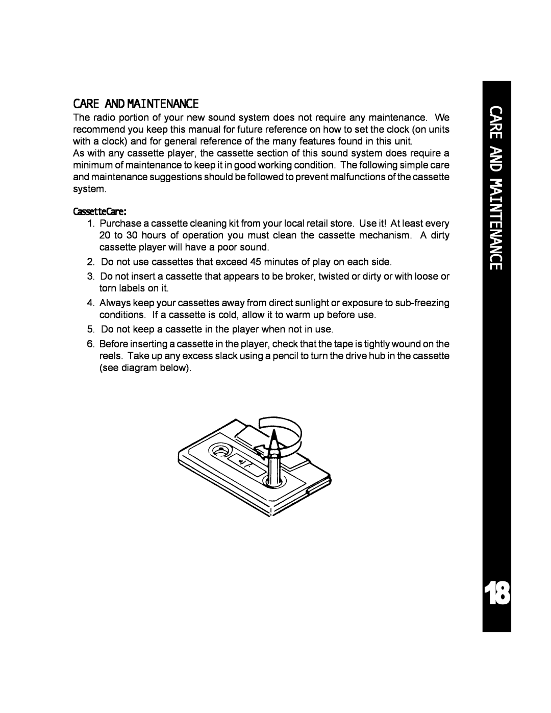 Audiovox 990 manual Care And Maintenance, Care Andmaintenance, CassetteCare 