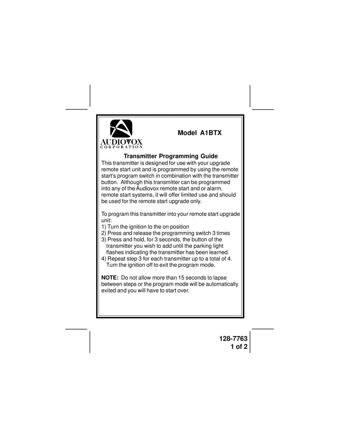 Audiovox manual Model A1BTX, 128-7763, Transmitter Programming Guide 