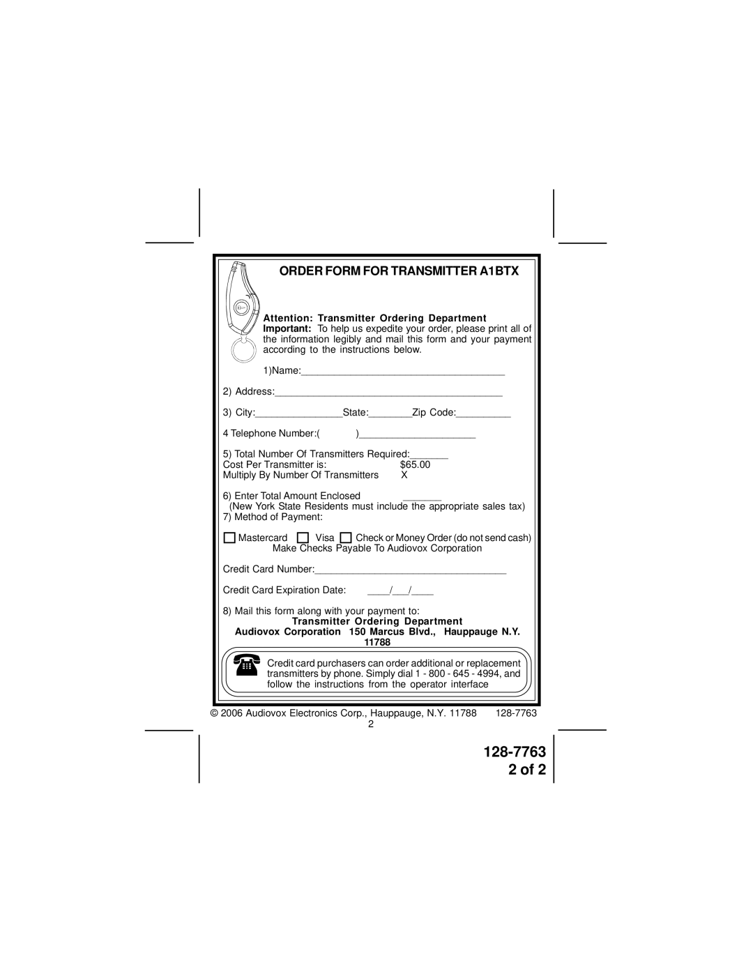 Audiovox manual Order Form for Transmitter A1BTX 