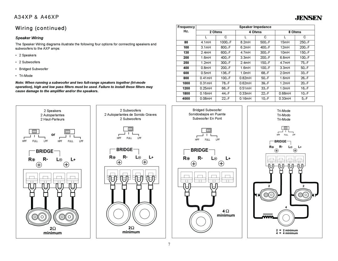 Audiovox warranty A34XP & A46XP Wiring continued, Speaker Wiring 