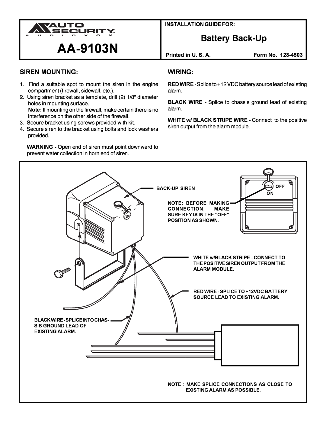 Audiovox AA9103N manual AA-9103N, Battery Back-Up, Siren Mounting, Wiring 