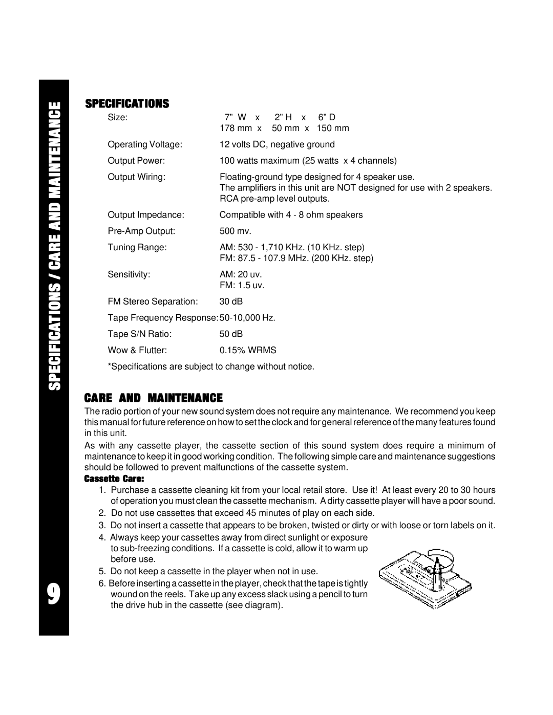 Audiovox AAAAAV-427V-427V-427V-427V-427 owner manual Specifications / Care and Maintenance 