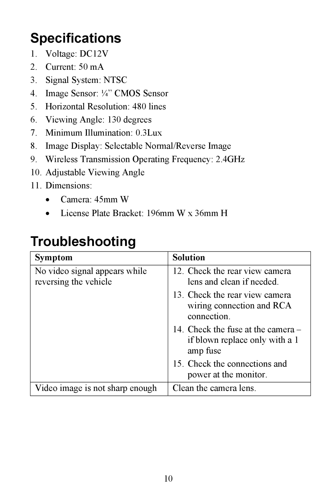 Audiovox Aca200w installation manual Specifications, Troubleshooting 