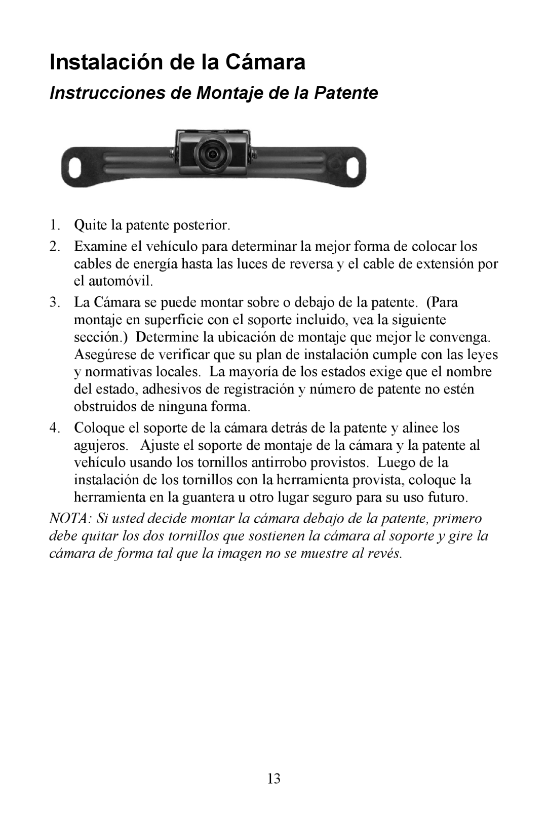 Audiovox Aca200w installation manual Instalación de la Cámara, Instrucciones de Montaje de la Patente 