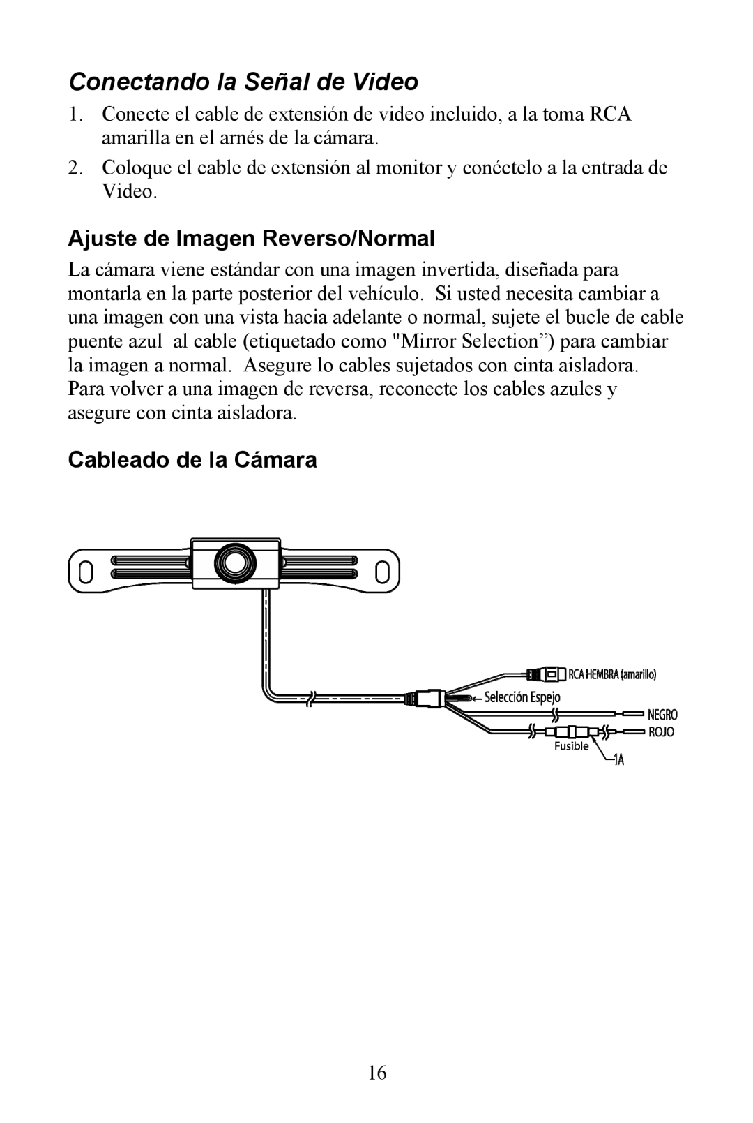 Audiovox Aca200w installation manual Conectando la Señal de Video, Ajuste de Imagen Reverso/Normal 