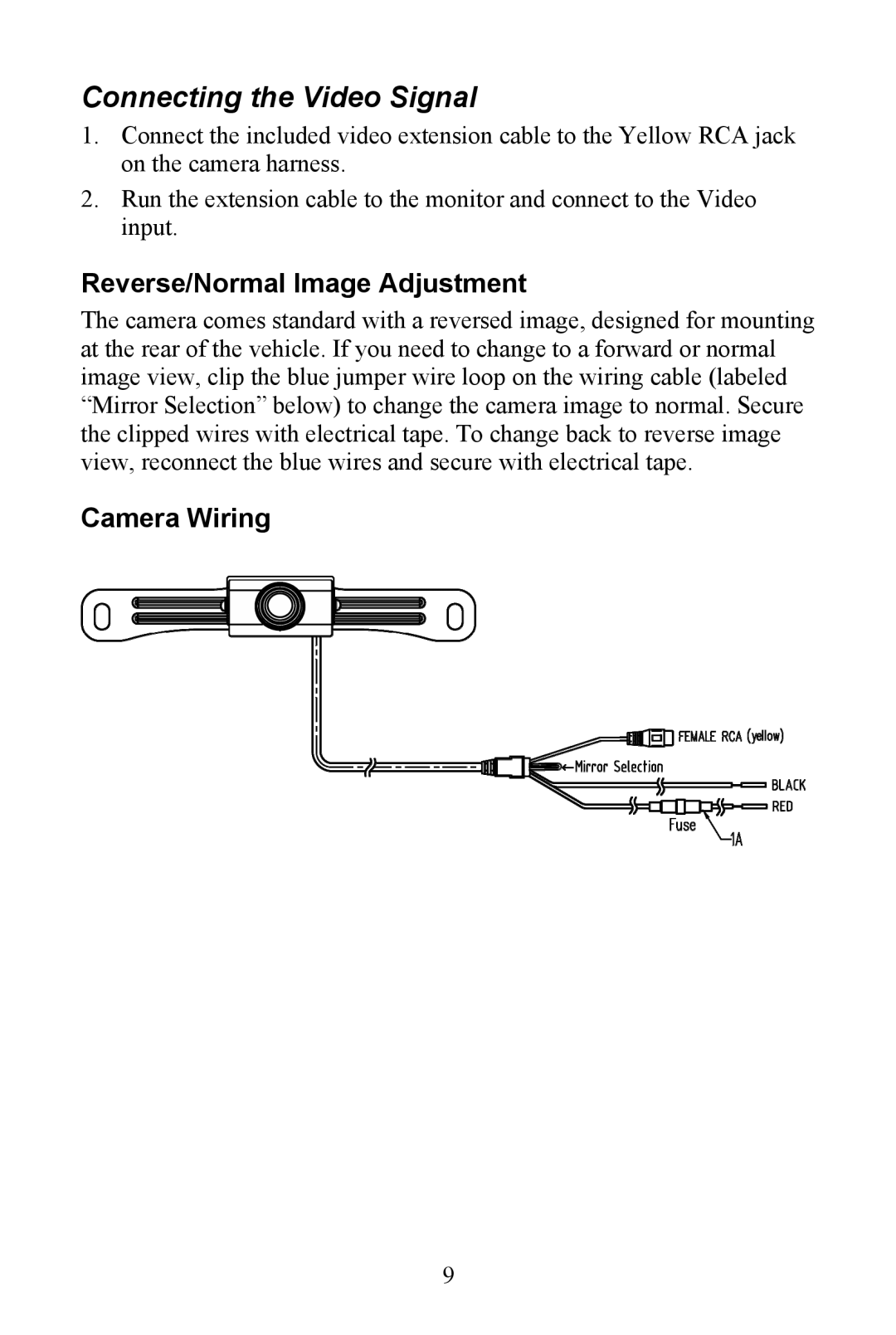 Audiovox Aca200w installation manual Connecting the Video Signal, Reverse/Normal Image Adjustment 