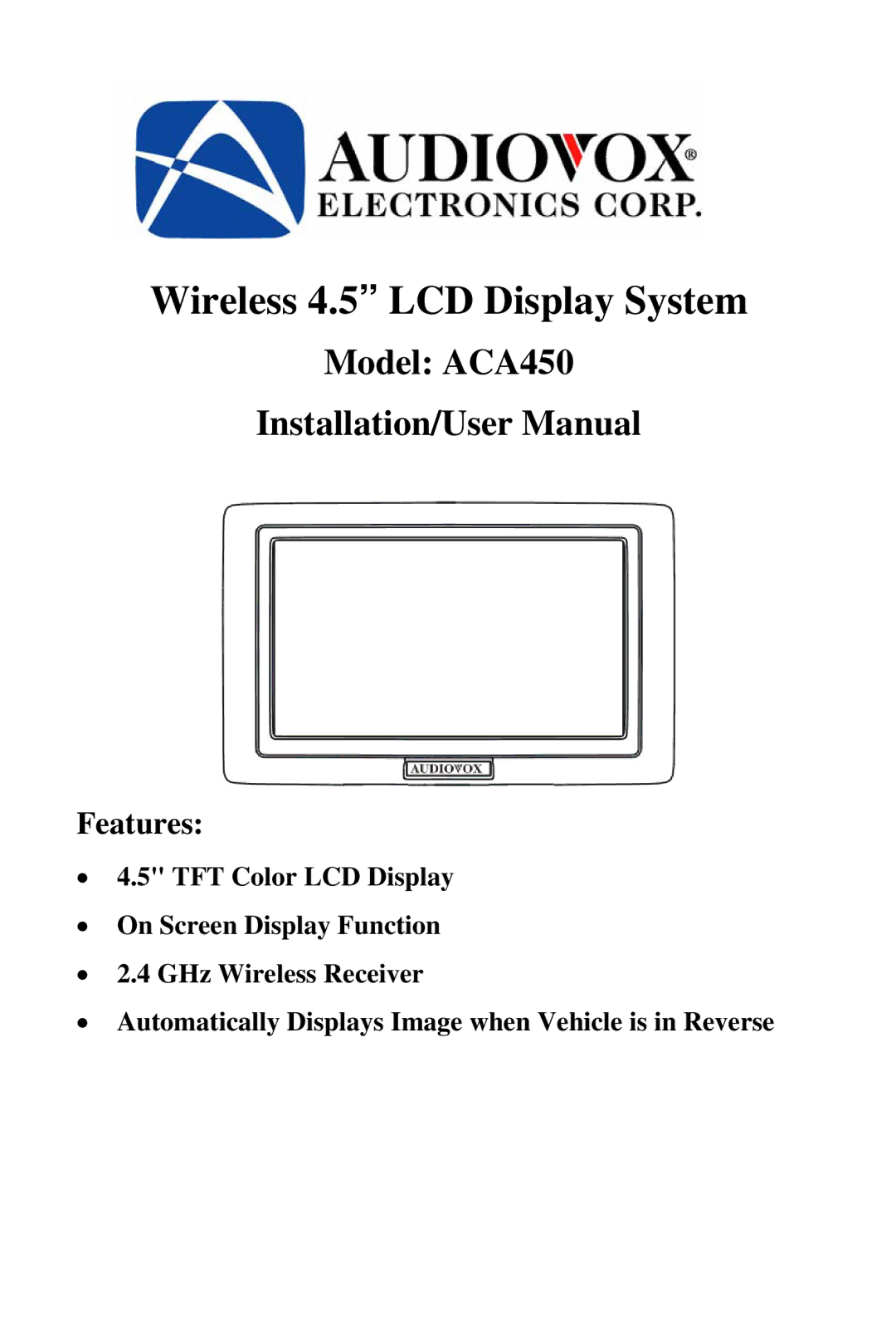 Audiovox ACA450 user manual Wireless 4.5 LCD Display System 