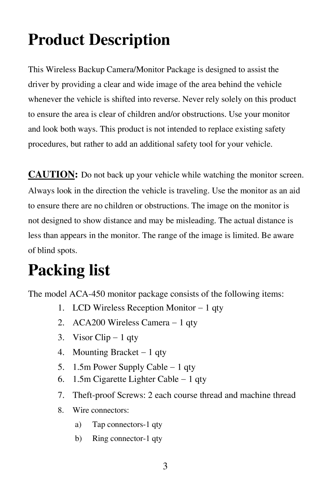 Audiovox ACA450 user manual Product Description, Packing list 