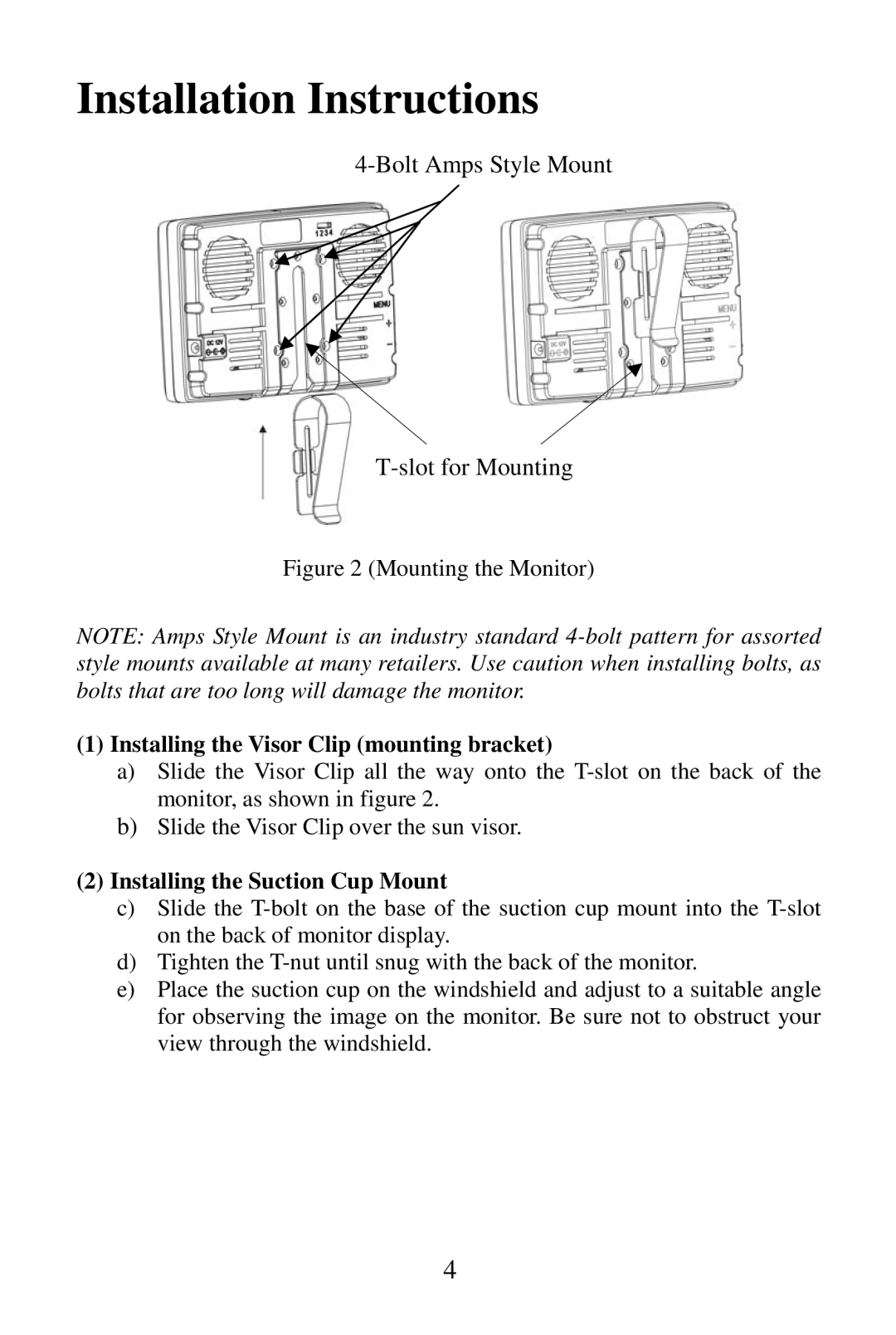 Audiovox ACA450 Installation Instructions, Installing the Visor Clip mounting bracket, Installing the Suction Cup Mount 