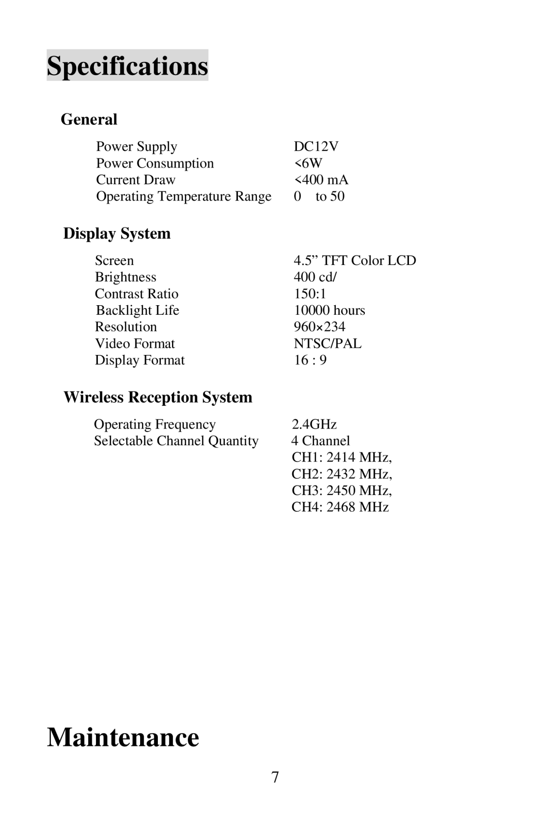 Audiovox ACA450 user manual Specifications, Maintenance 