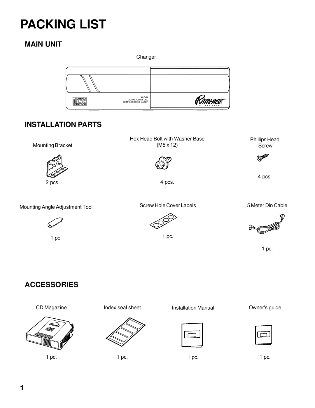 Audiovox ACC-30 installation manual Packing List, Installation Parts 