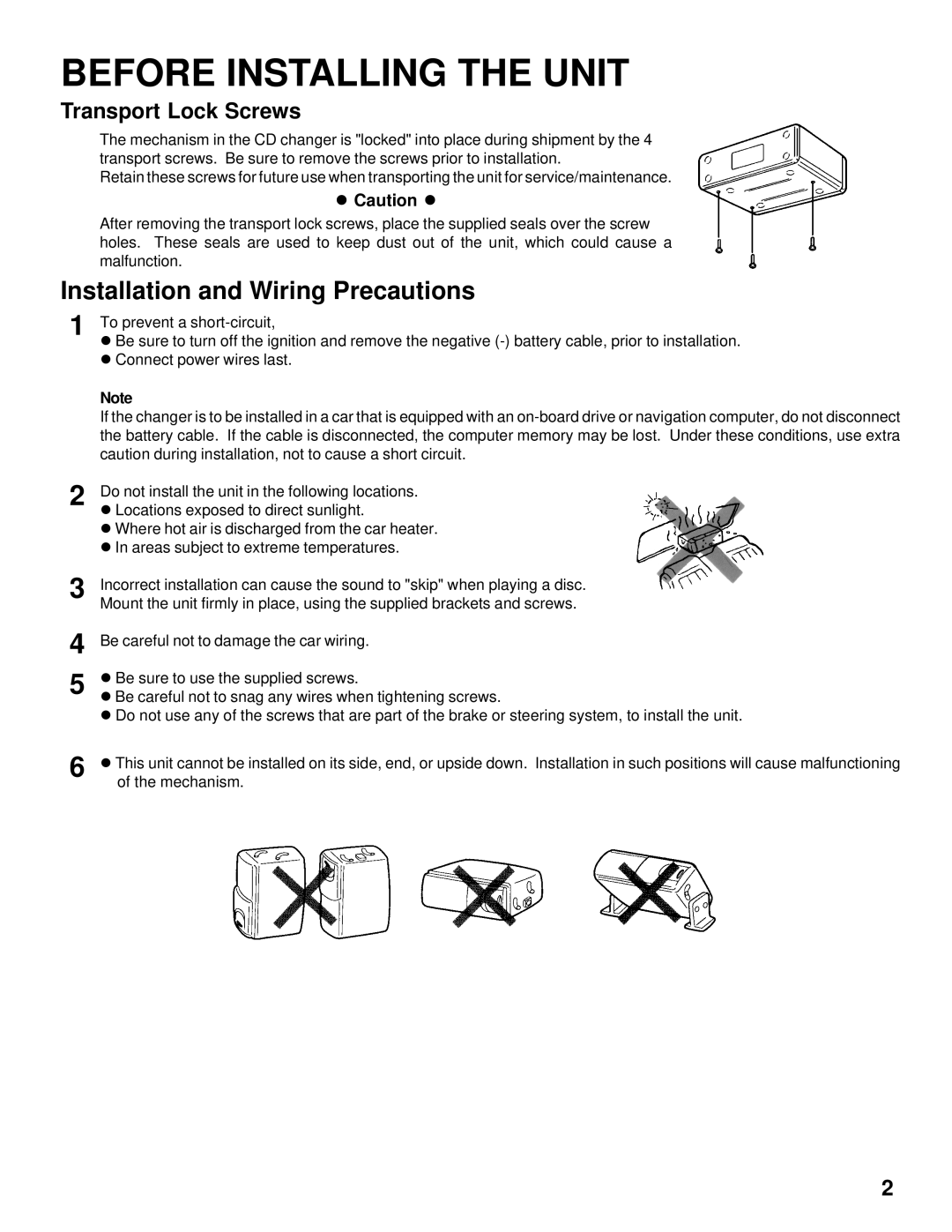 Audiovox ACC-30 installation manual Before Installing the Unit, Transport Lock Screws 