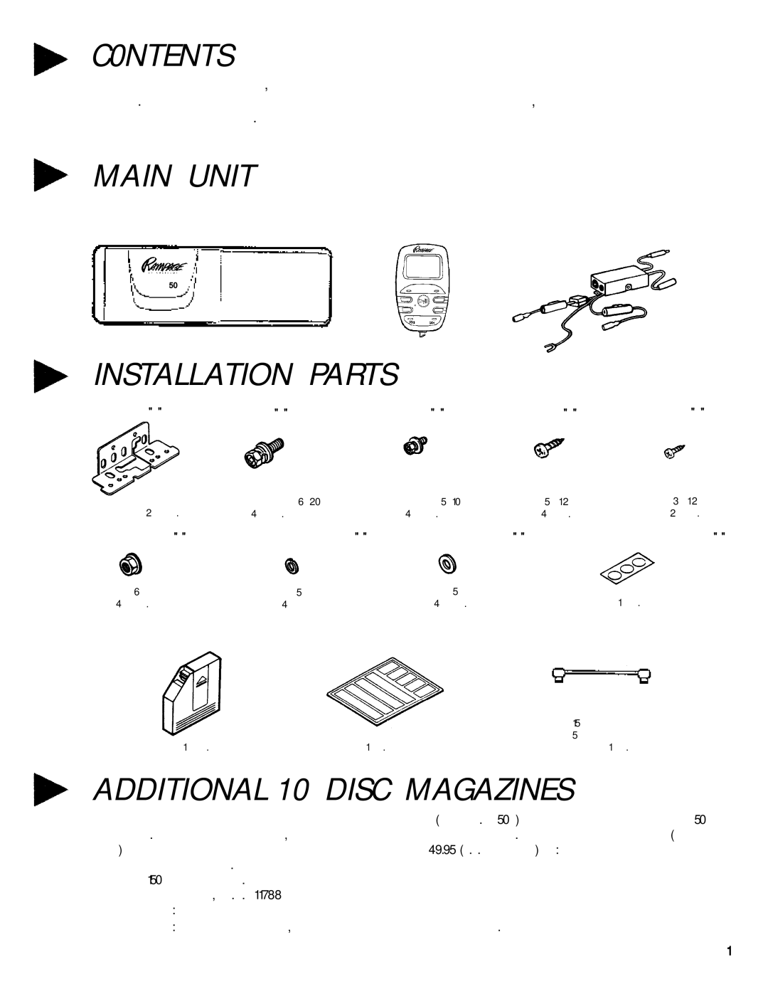 Audiovox ACC-50A manual C0NTENTS Main Unit Installation Parts 