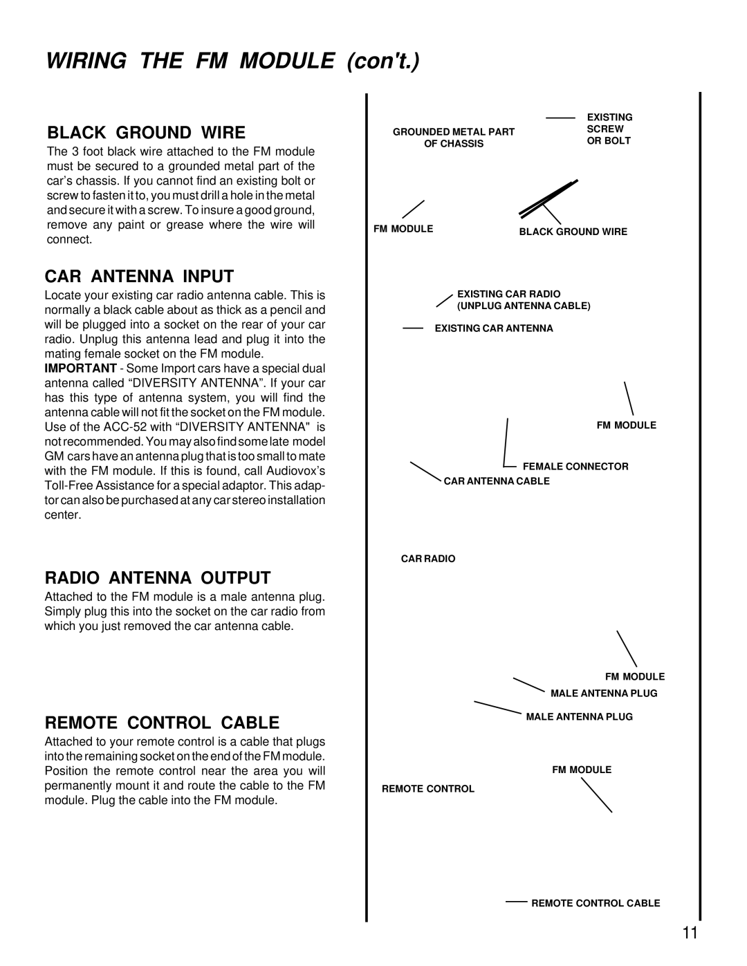 Audiovox ACC-52 owner manual Black Ground Wire, CAR Antenna Input, Radio Antenna Output, Remote Control Cable 