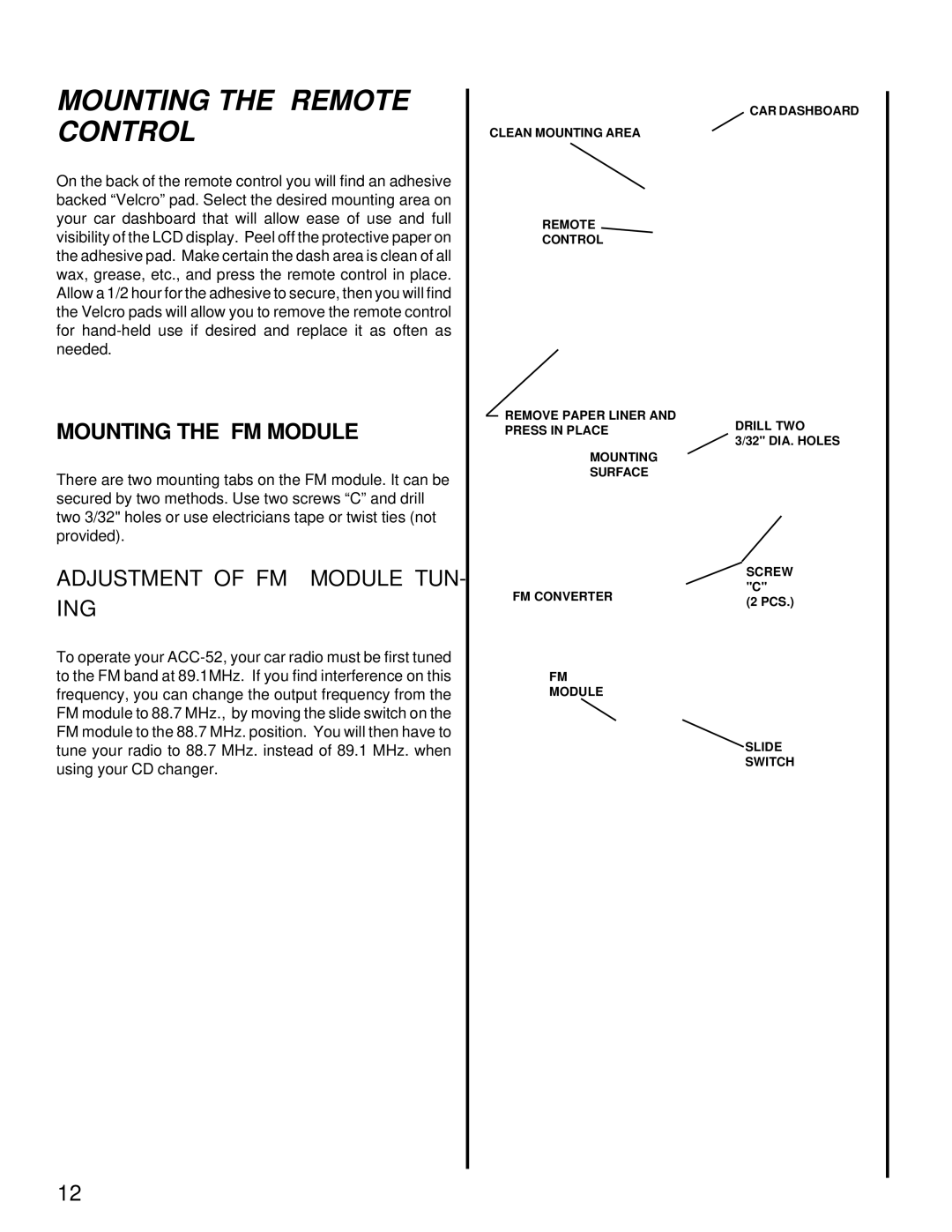 Audiovox ACC-52 owner manual Mounting the Remote Control, Mounting the FM Module 