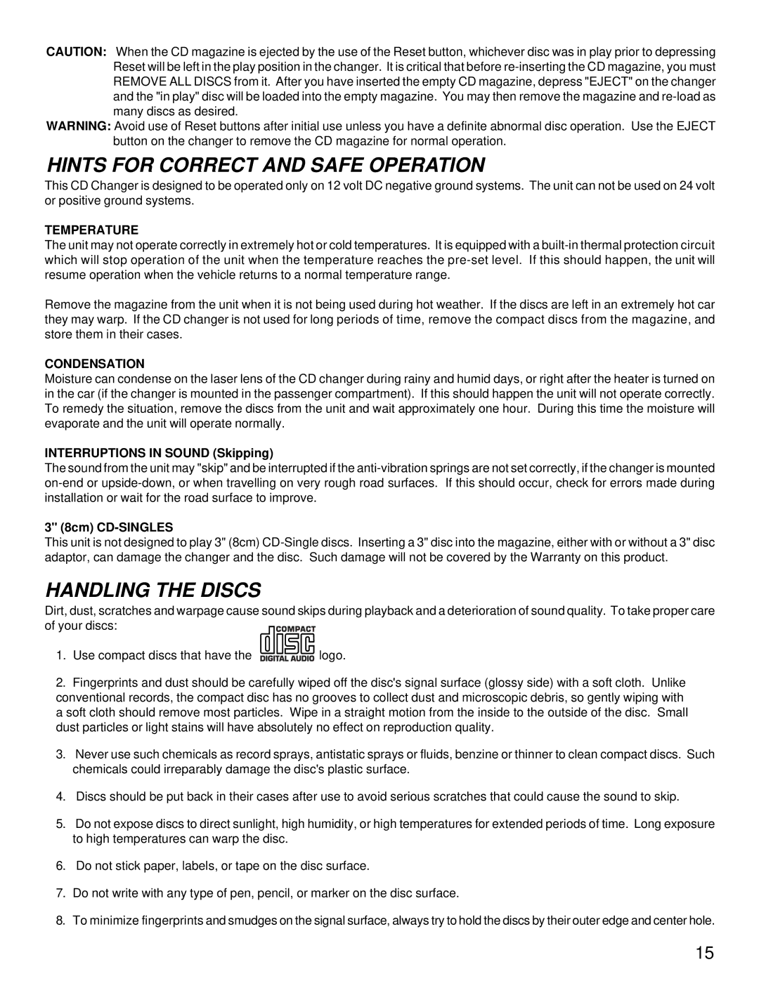 Audiovox ACC-52 owner manual Hints for Correct and Safe Operation, Handling the Discs 