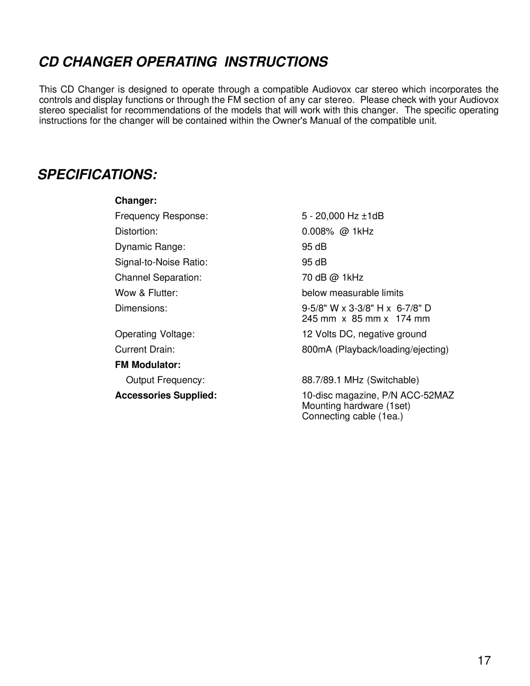 Audiovox ACC-52 owner manual CD Changer Operating Instructions Specifications 