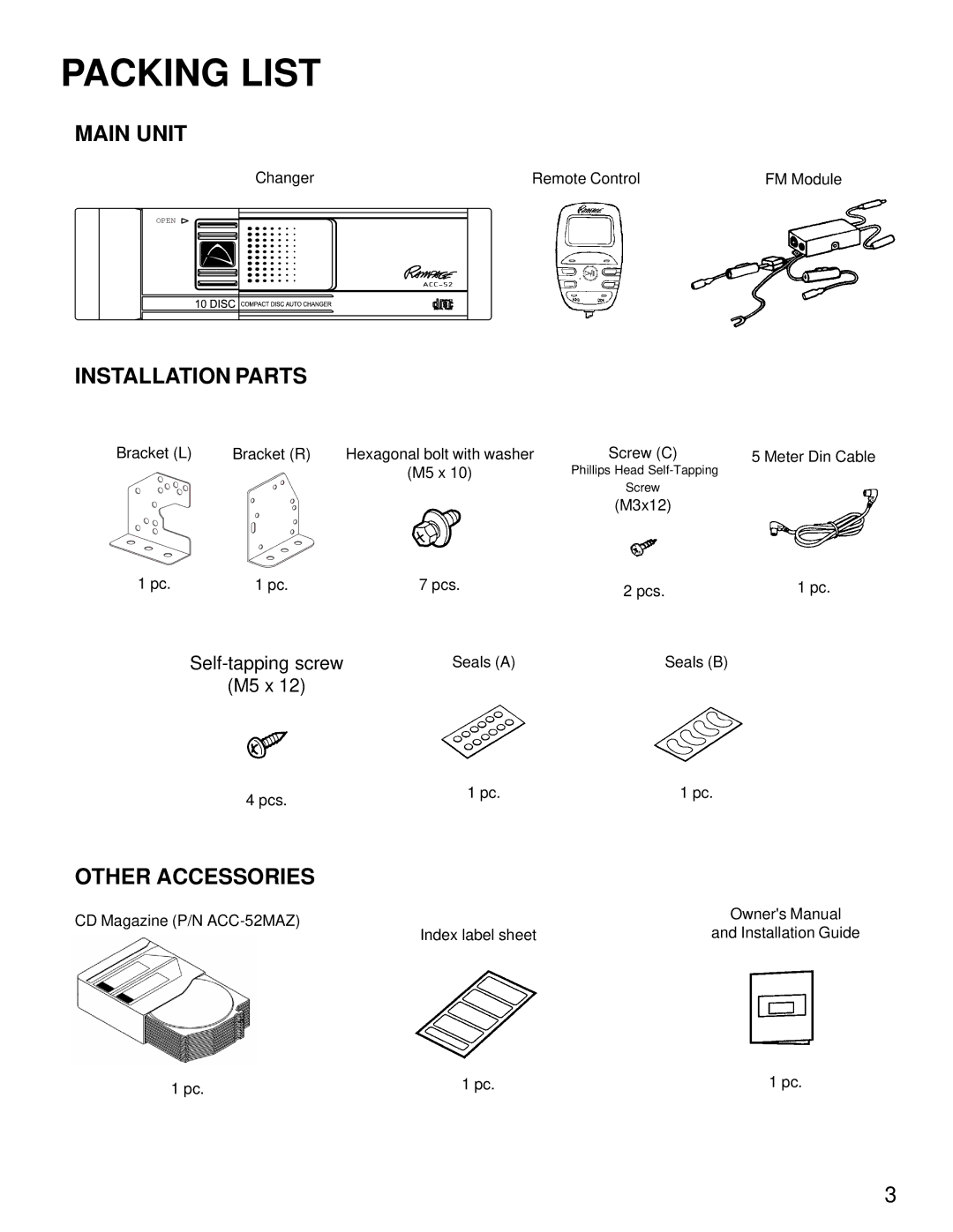 Audiovox ACC-52 owner manual Main Unit, Installation Parts, Other Accessories 