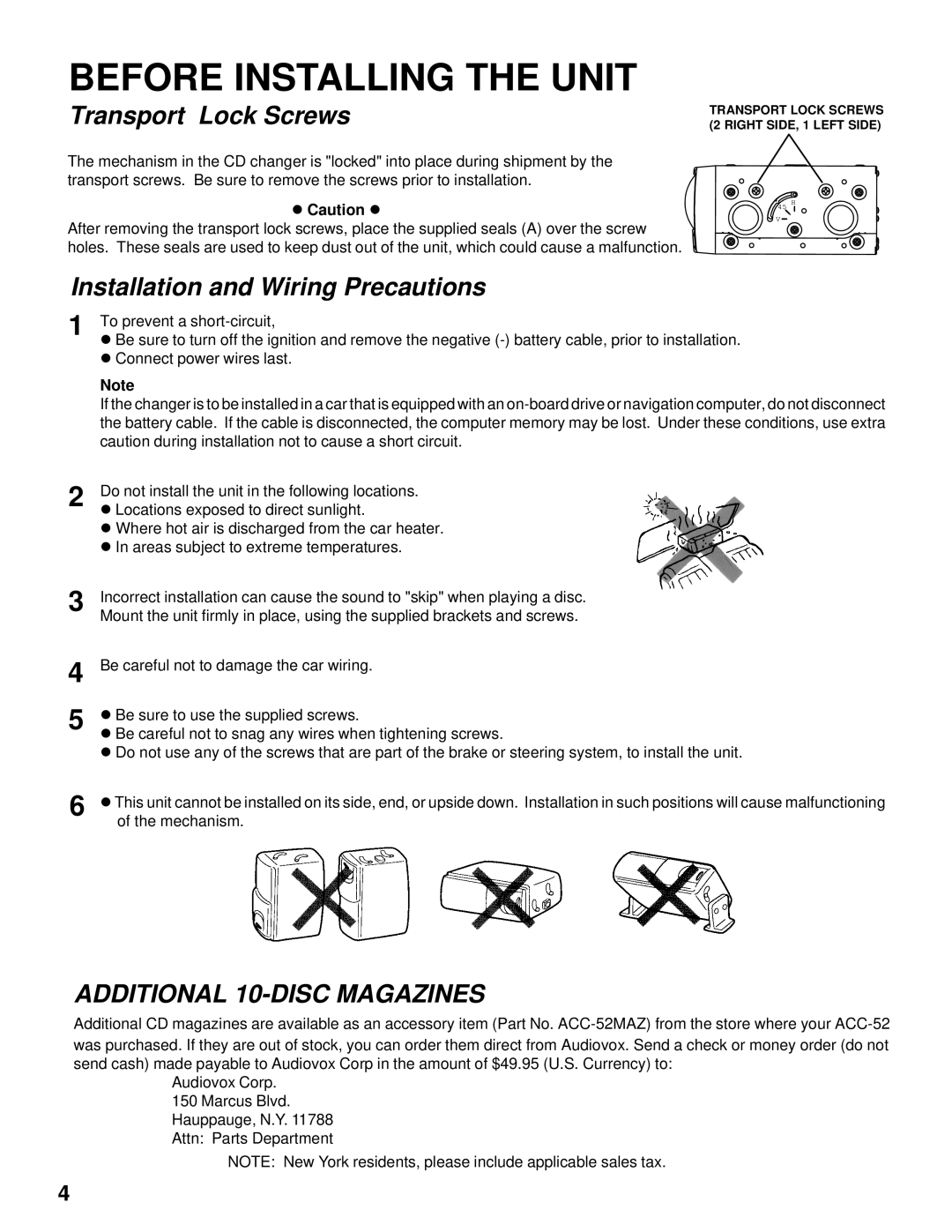 Audiovox ACC-52 owner manual Before Installing the Unit, Additional 10-DISC Magazines 