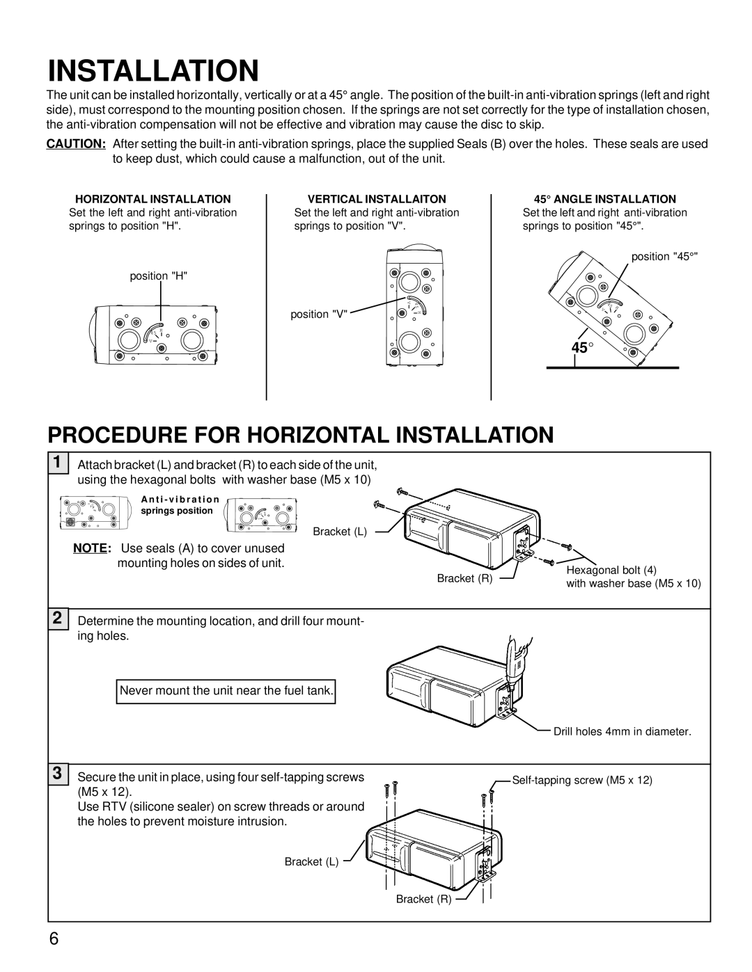 Audiovox ACC-52 owner manual Procedure for Horizontal Installation 