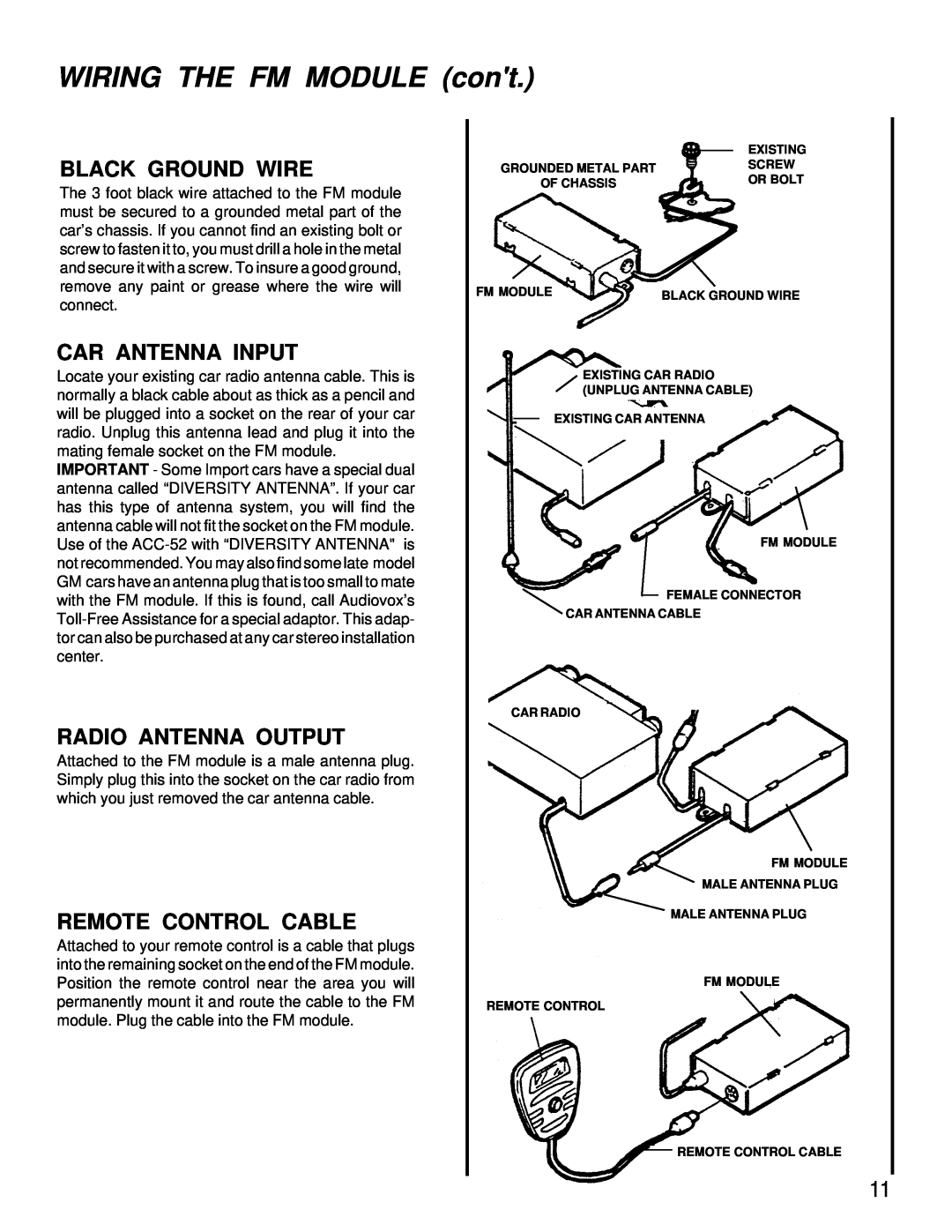 Audiovox ACC-52 owner manual WIRING THE FM MODULE cont, Black Ground Wire, Car Antenna Input, Radio Antenna Output 