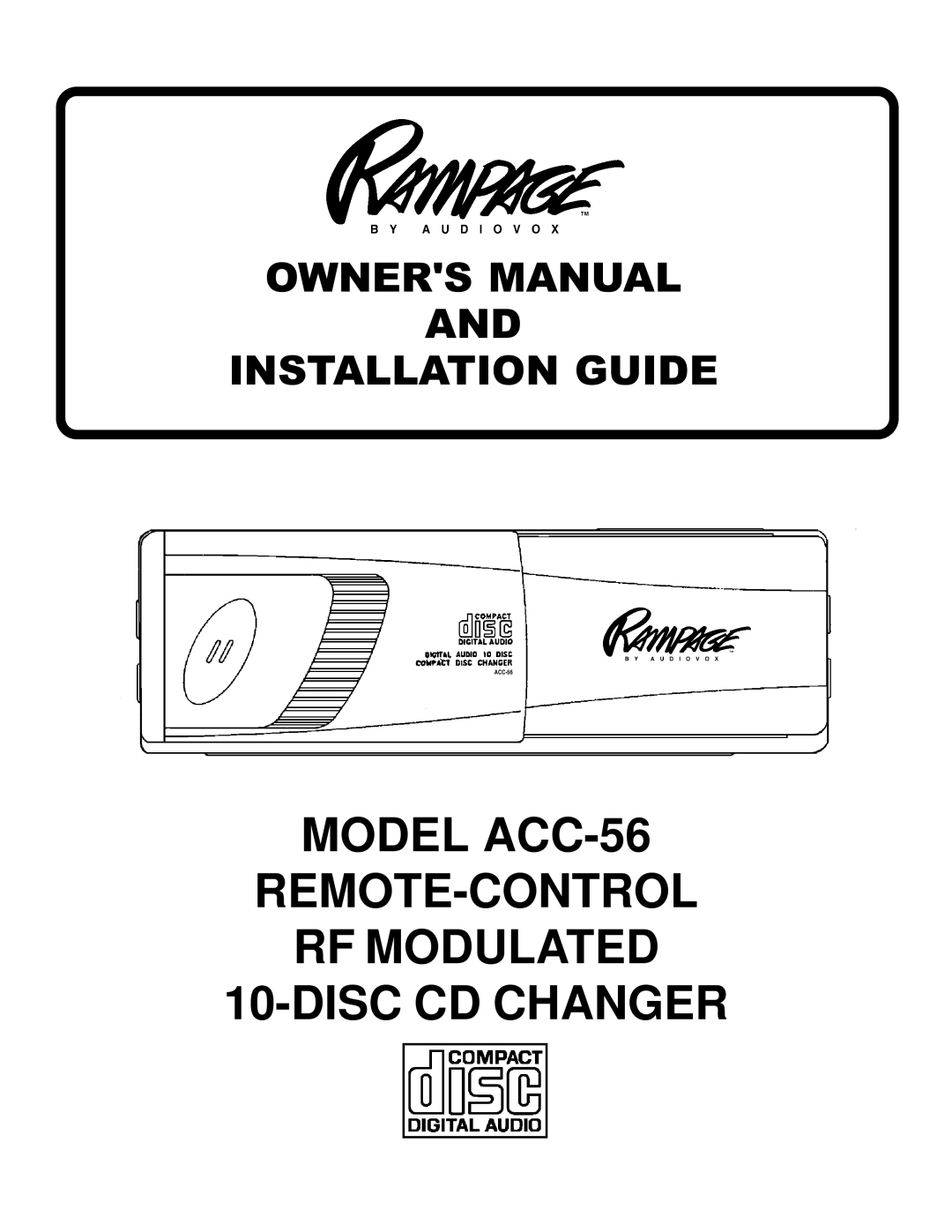 Audiovox ACC56 owner manual Model ACC-56 REMOTE-CONTROL RF Modulated Disc CD Changer 