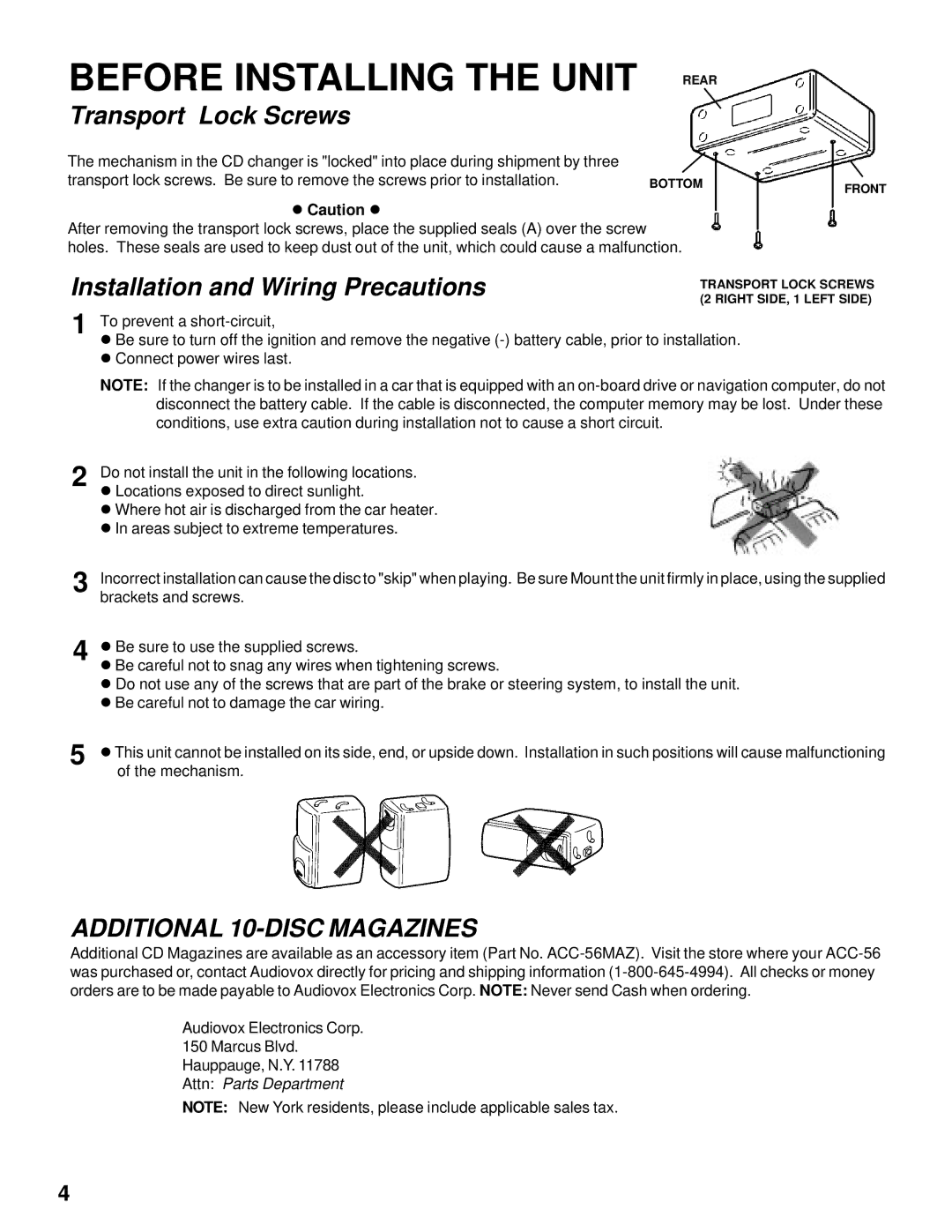 Audiovox ACC-56, ACC56 owner manual Before Installing the Unit, Additional 10-DISC Magazines 