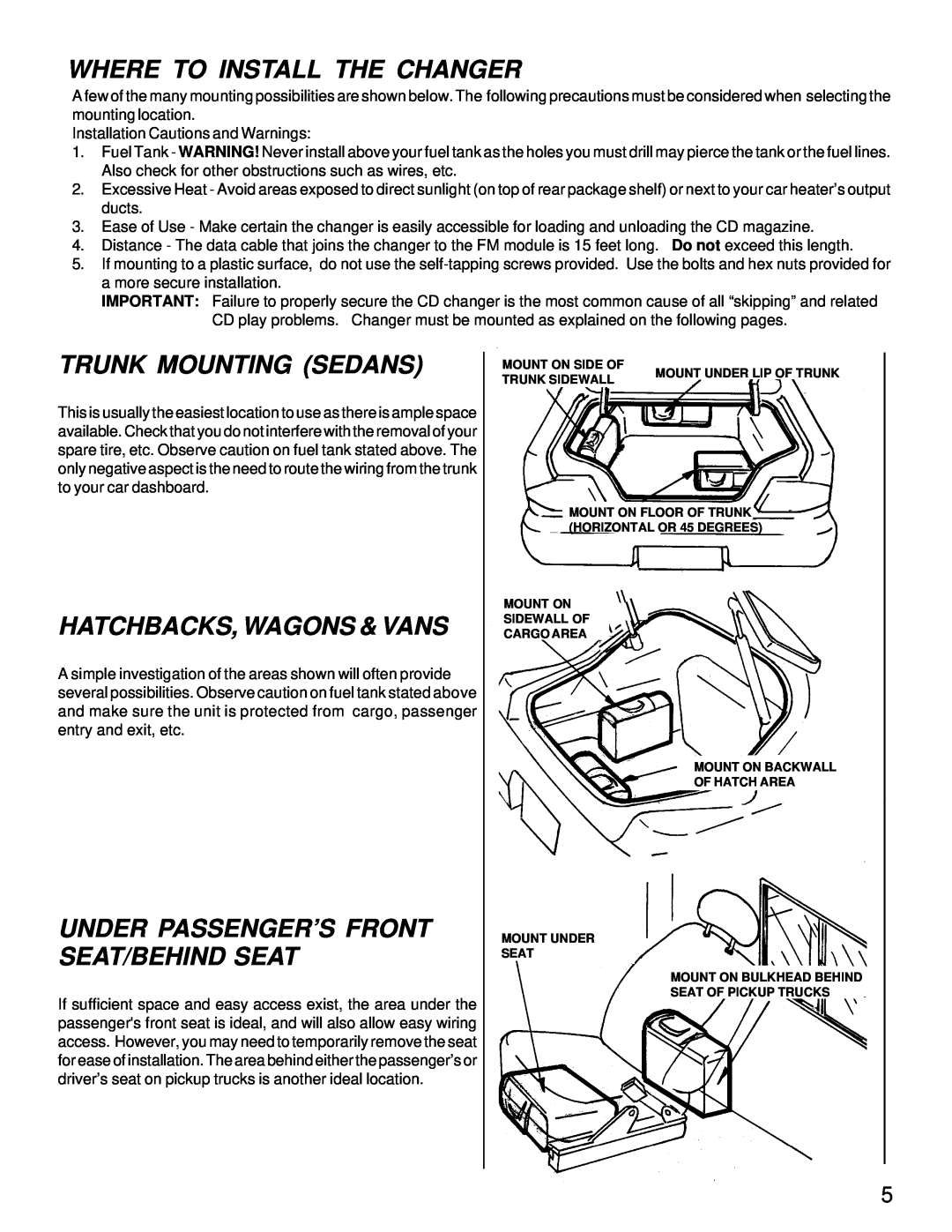 Audiovox ACC56, ACC-56 owner manual Where To Install The Changer, Trunk Mounting Sedans, Hatchbacks, Wagons & Vans 