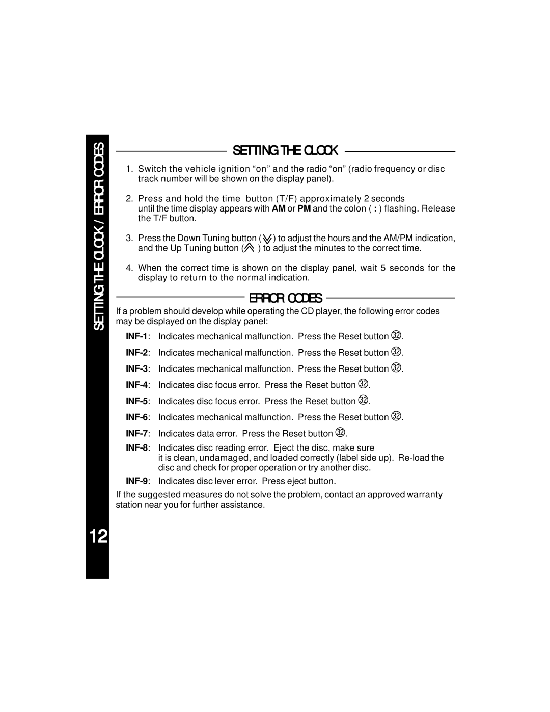 Audiovox ACC-60 manual Setting the Clock / Error Codes 