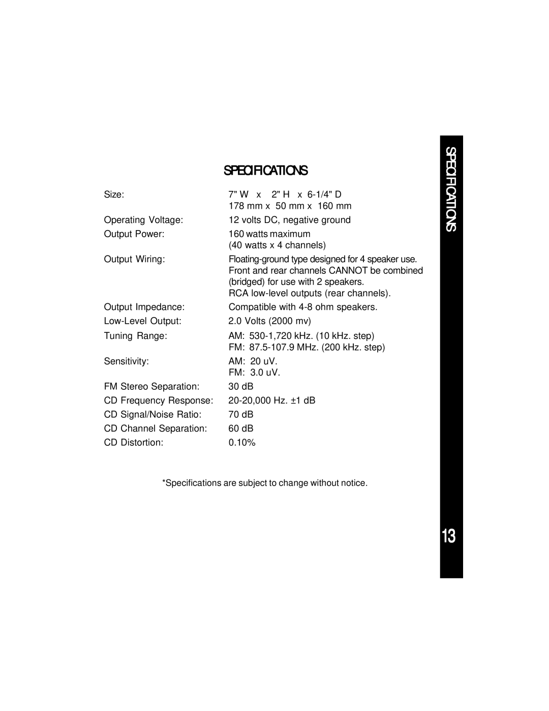 Audiovox ACC-60 manual Specifications 