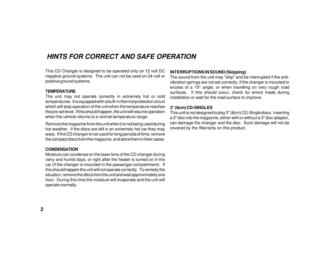 Audiovox ACC31 owner manual Hints for Correct and Safe Operation, Temperature, Condensation 