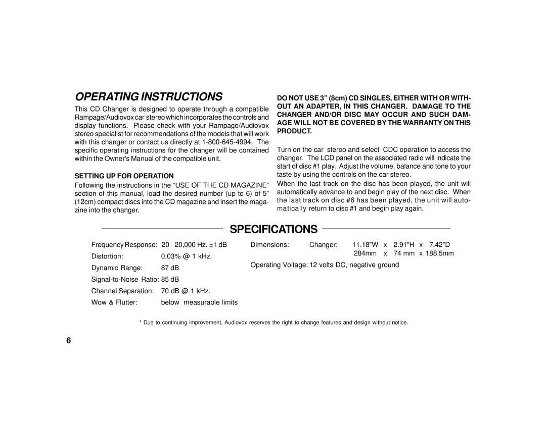 Audiovox ACC31 owner manual Operating Instructions, Setting UP for Operation 