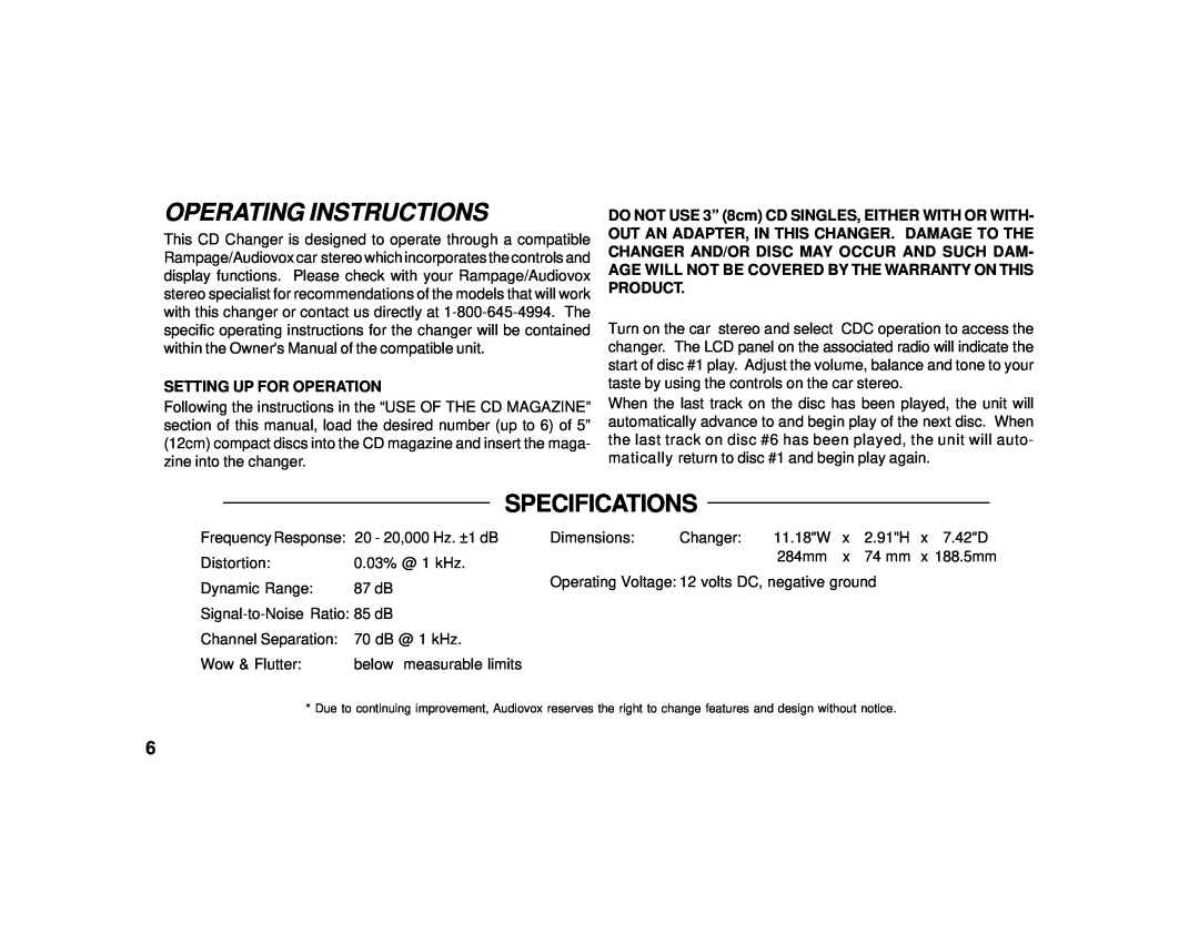 Audiovox ACC31 Operating Instructions, Setting Up For Operation, DO NOT USE 3” 8cm CD SINGLES, EITHER WITH OR WITH 