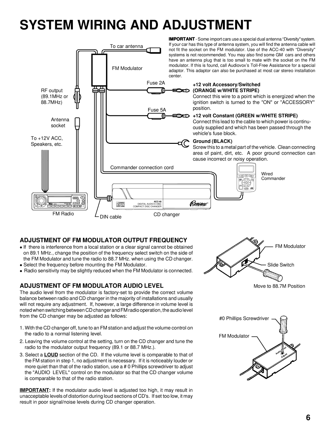 Audiovox ACC40 installation manual System Wiring and Adjustment, Adjustment of FM Modulator Output Frequency 