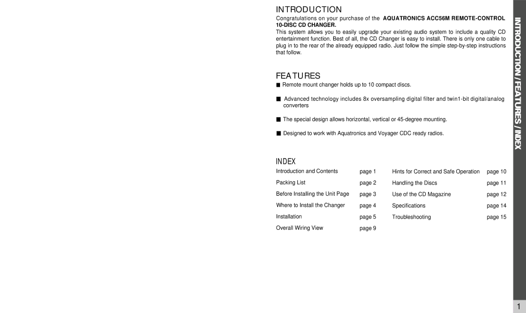 Audiovox ACC56M owner manual Introduction, Features, Index 