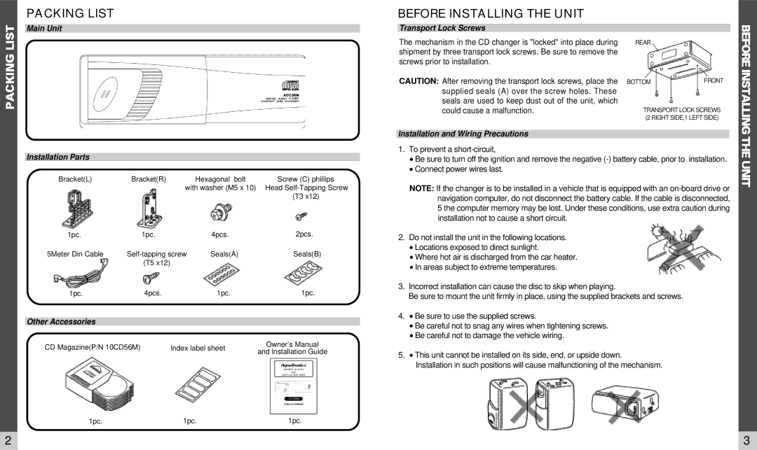 Audiovox ACC56M owner manual Packing List, Before Installing the Unit 