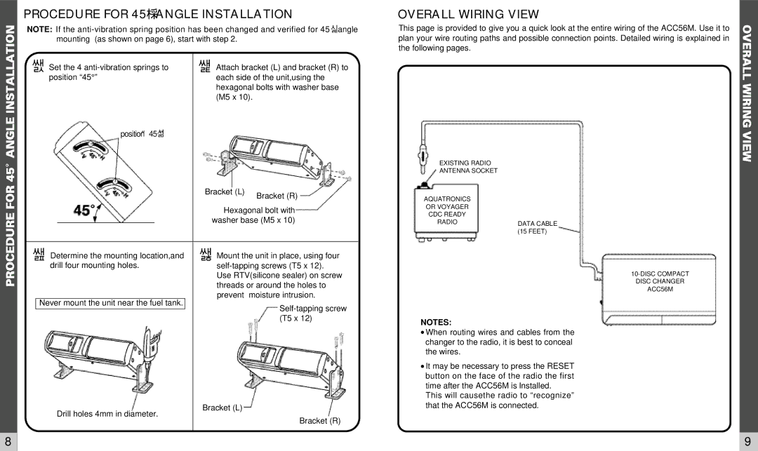 Audiovox ACC56M owner manual Procedure for 45。ANGLE Installation, Overall Wiring View 