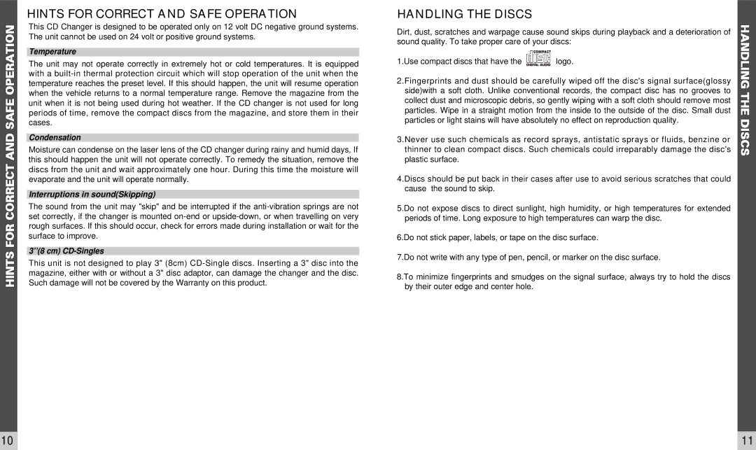 Audiovox ACC56M owner manual Hints for Correct and Safe Operation, Handling the Discs 