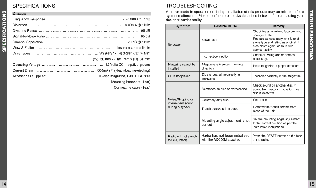 Audiovox ACC56M owner manual Specifications, Troubleshooting, Changer 