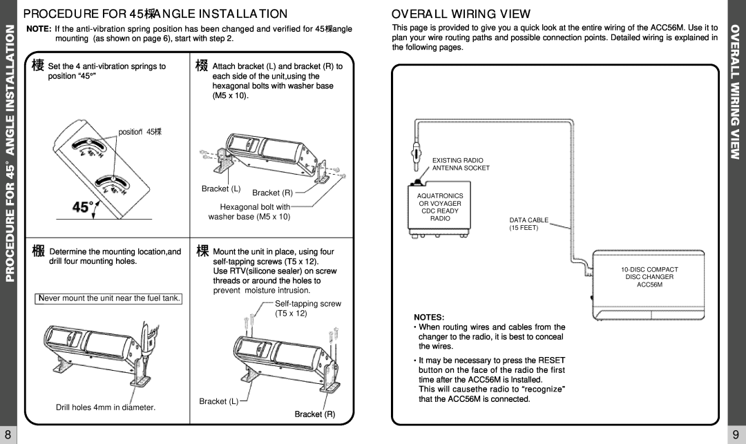 Audiovox ACC56M owner manual PROCEDURE FOR 45。ANGLE INSTALLATION, Overall Wiring View, position“45。” 
