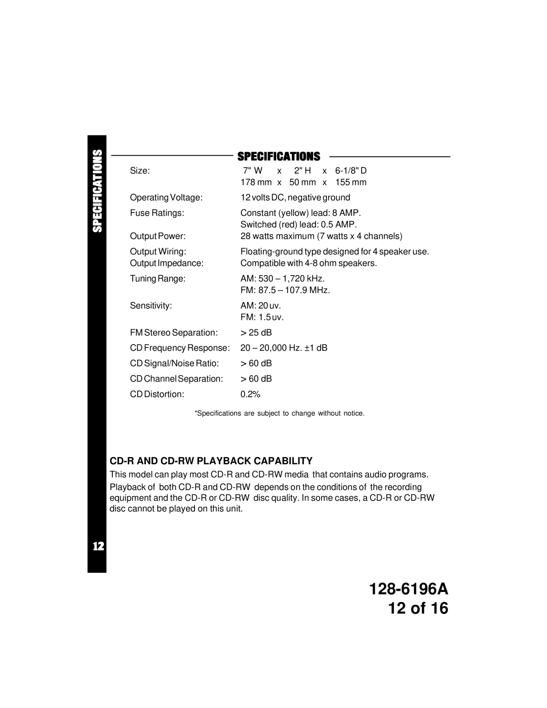 Audiovox ACD-12 owner manual Specifications 