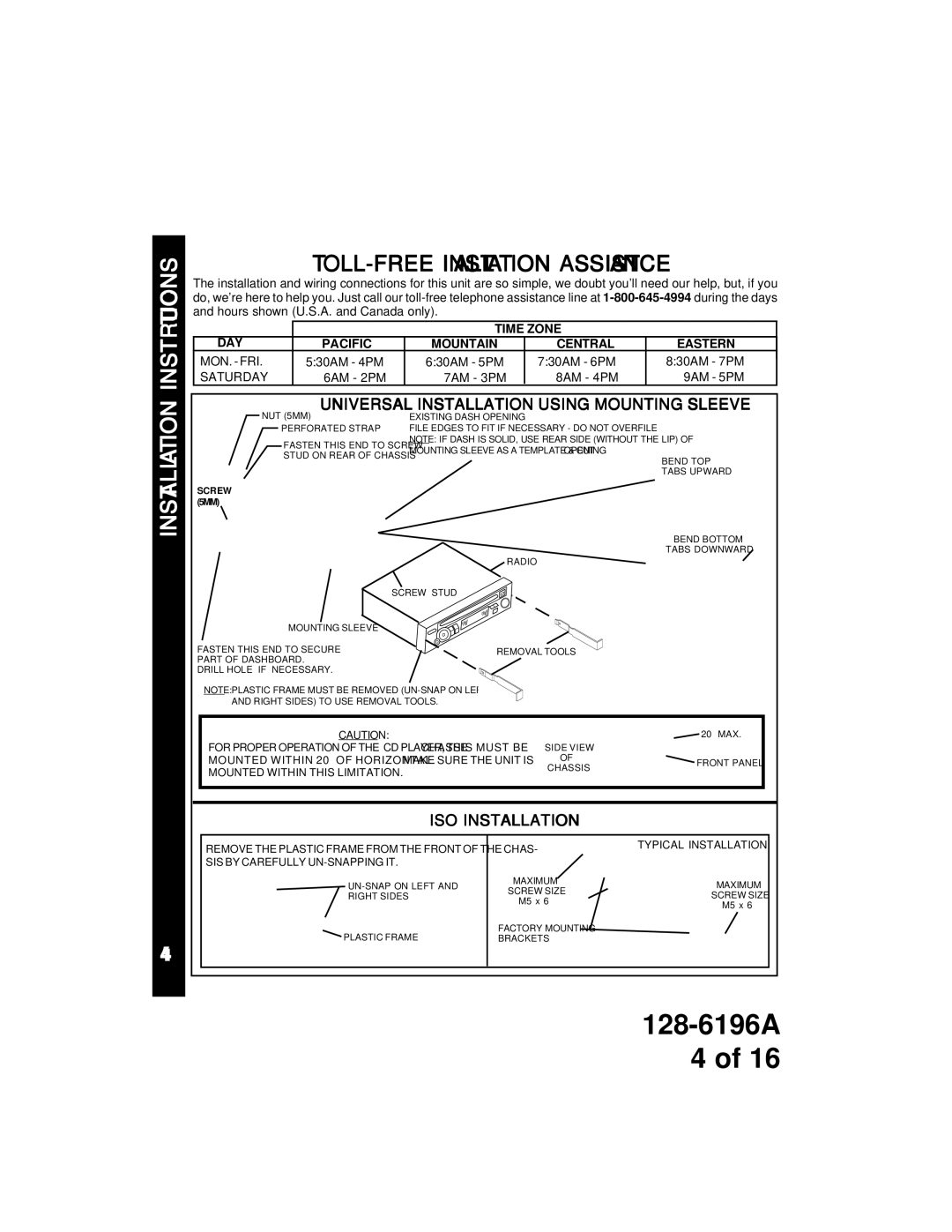 Audiovox ACD-12 owner manual TOLL-FREE Installation Assistance, Universal Installation Using Mounting Sleeve 