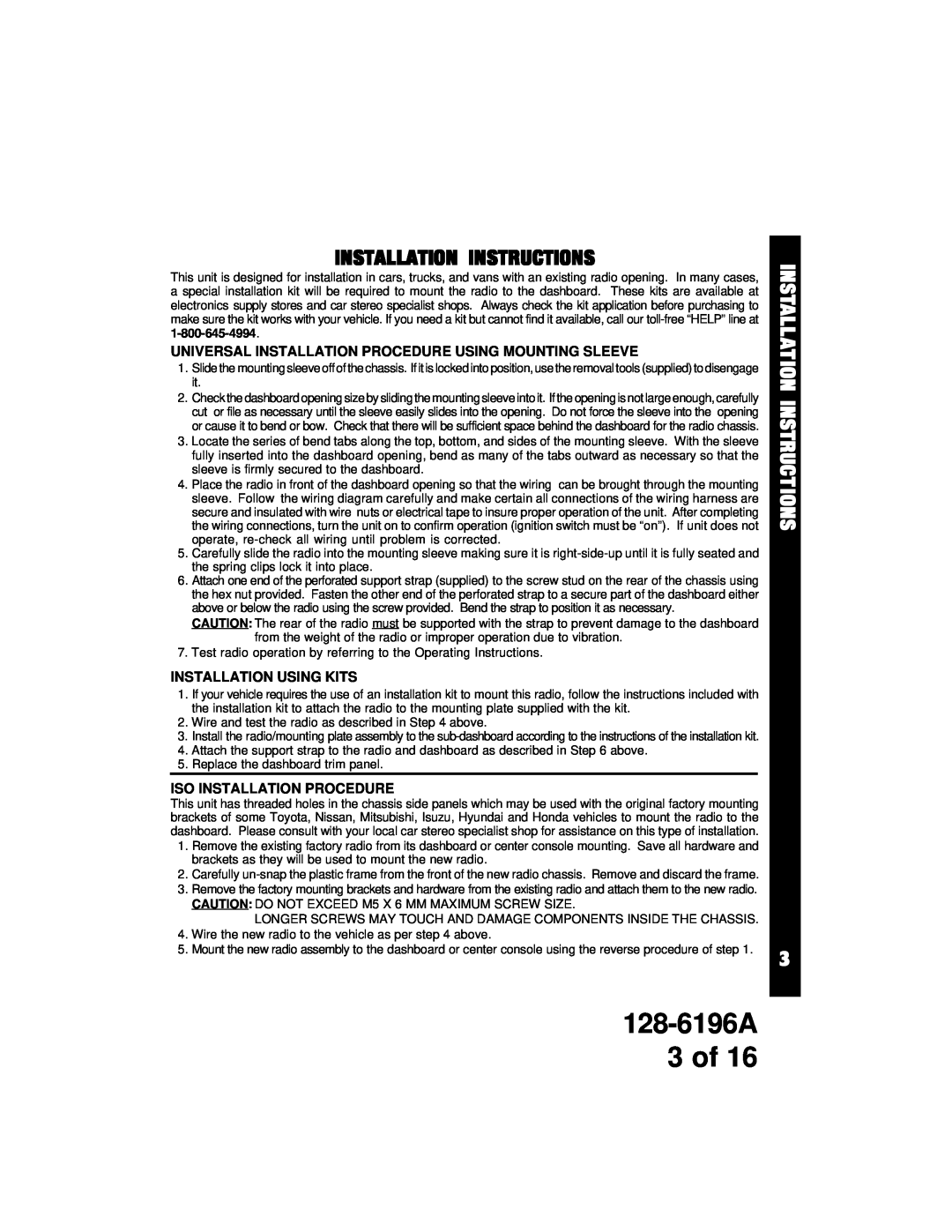 Audiovox ACD-12 owner manual 128-6196A 3 of, Installation Instructions, Installation Using Kits, Iso Installation Procedure 