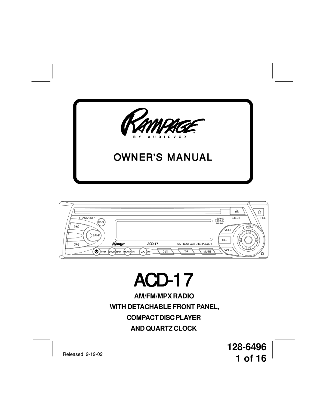 Audiovox ACD-13 manual ACD-17 