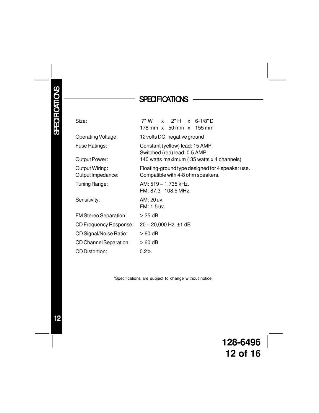 Audiovox ACD-13 manual Specifications 