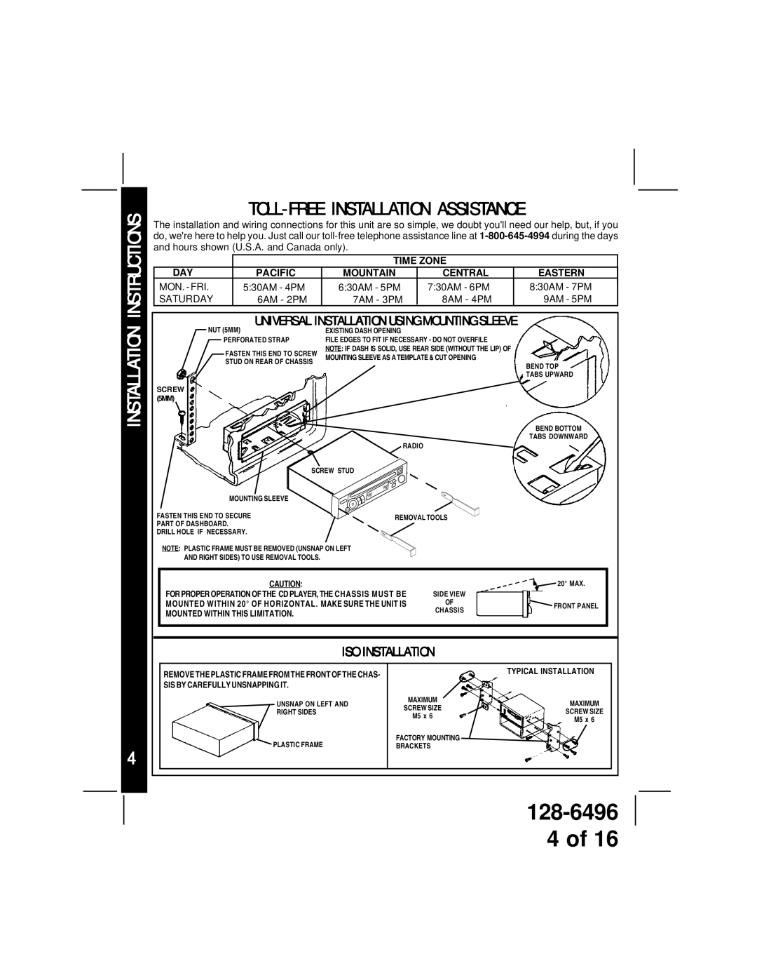 Audiovox ACD-13 manual TOLL-FREE Installation Assistance, Universal Installation Using Mounting Sleeve 